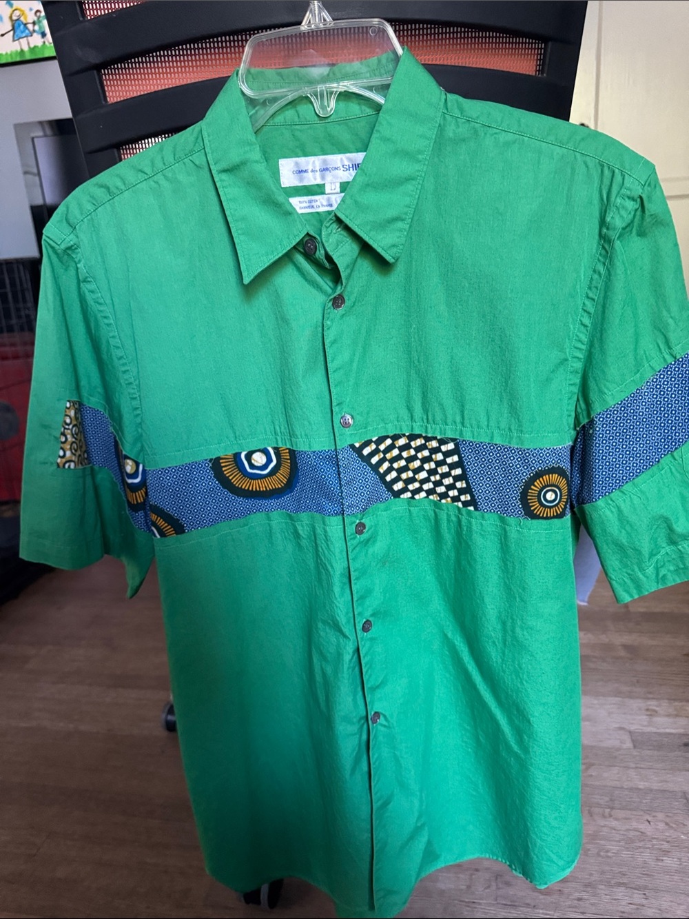 Comme des Garcons Green Short-Sleeve Button-Down with African print Chest Band